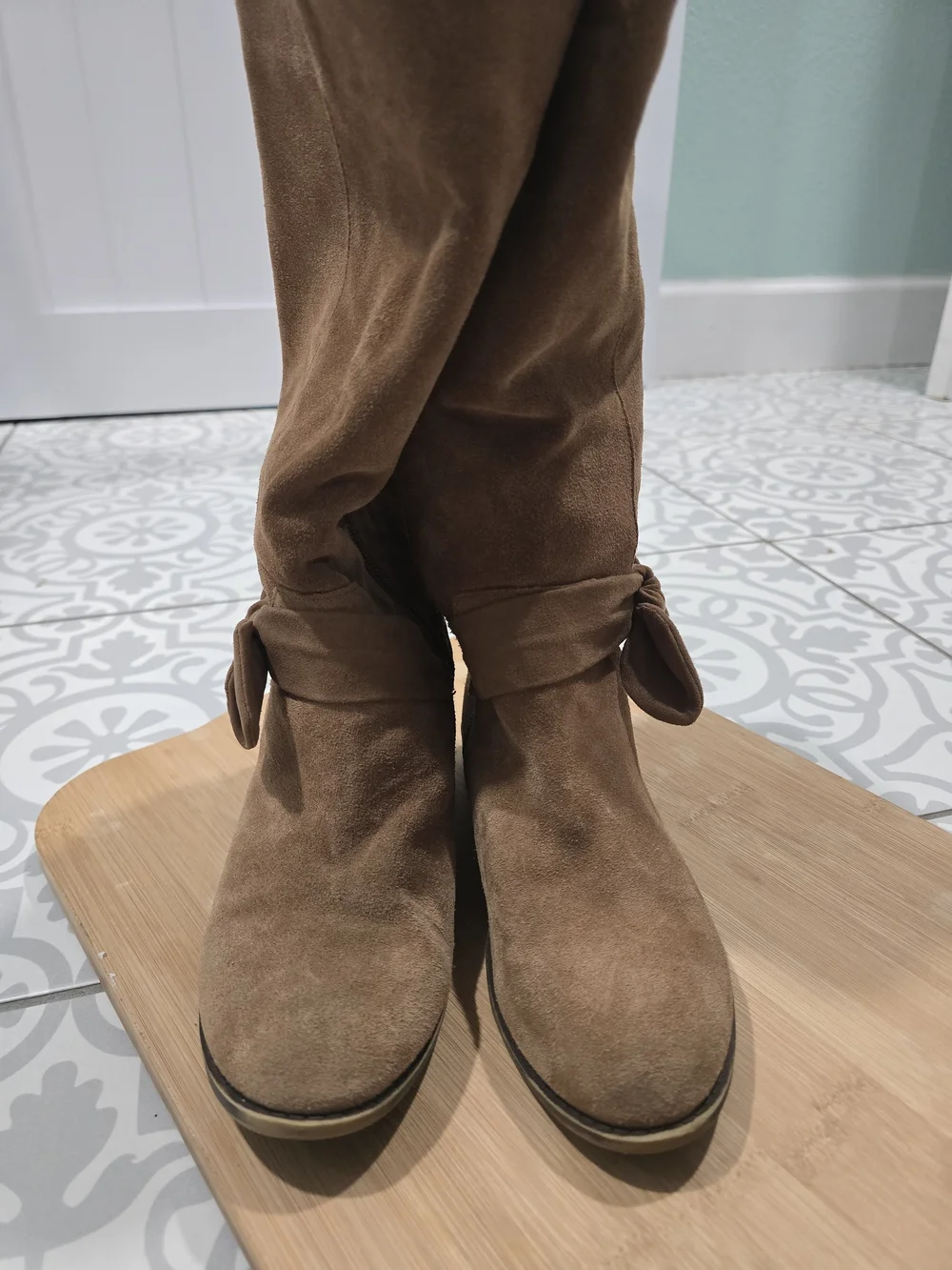 Women's Brown Suede Mid-Calf Boots with Knot Detail
